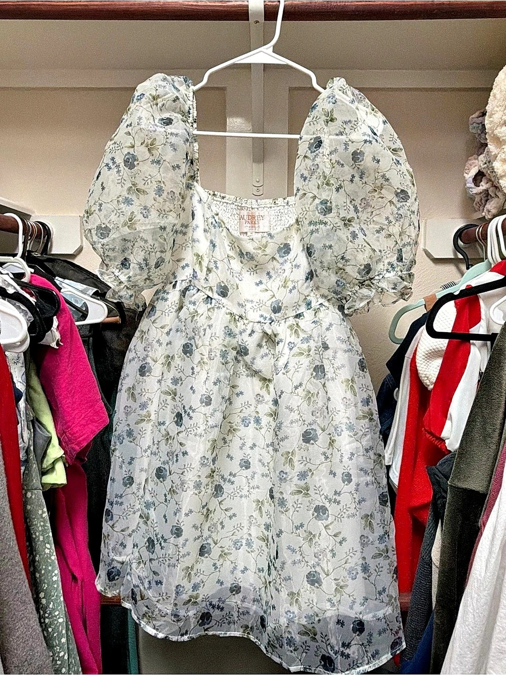 Audrey Parks Floral Puff Sleeve Mini Dress in White & Blue